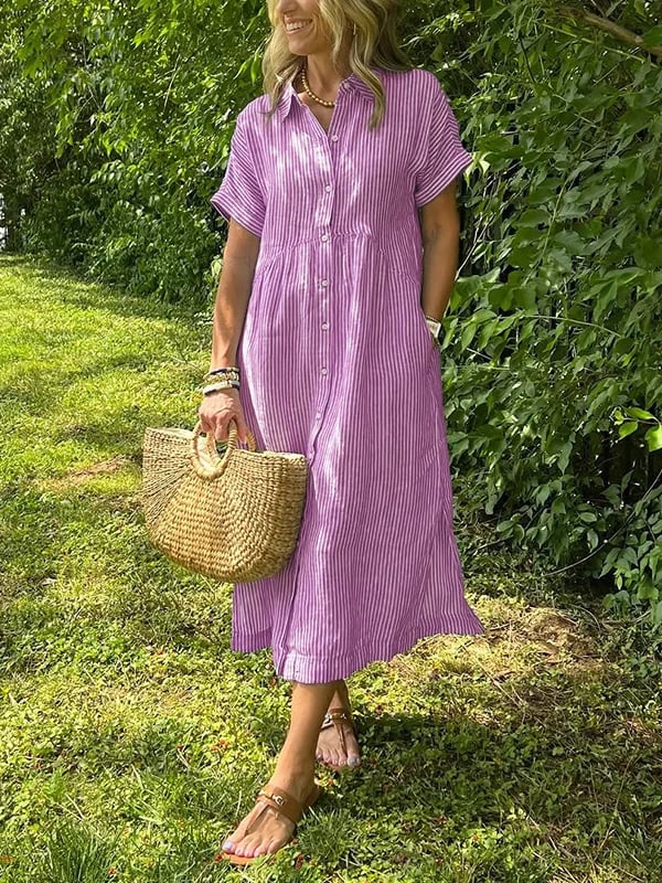 Gestreepte Jurk | Korte mouwen | Losse pasvorm | Jurk met knoopsluiting | Zomerjurk-Boutique Moda