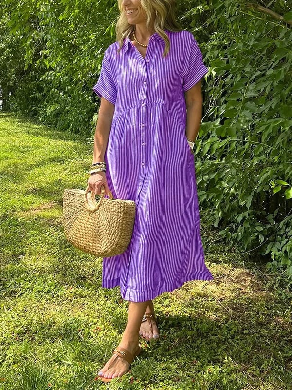 Gestreepte Jurk | Korte mouwen | Losse pasvorm | Jurk met knoopsluiting | Zomerjurk-Boutique Moda