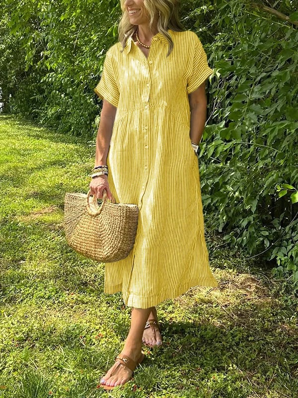Gestreepte Jurk | Korte mouwen | Losse pasvorm | Jurk met knoopsluiting | Zomerjurk-Boutique Moda