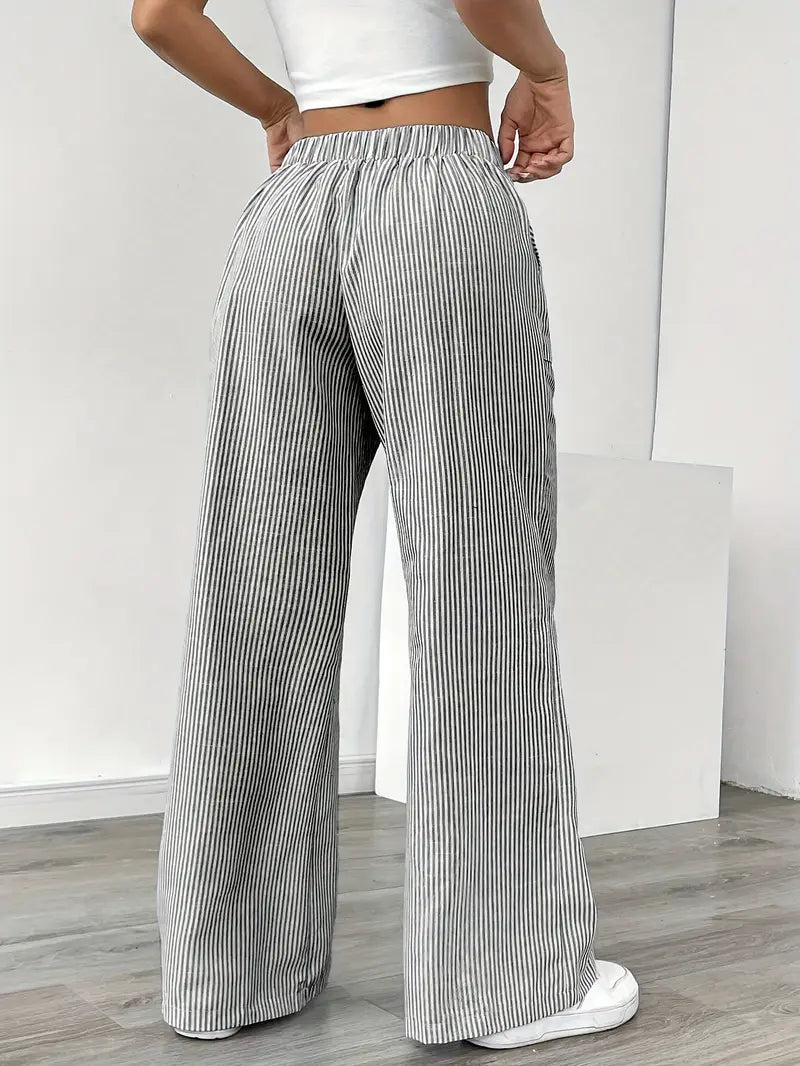 Gestreepte broek – Elastische tailleband – Trekkoord – Wijde broek – D