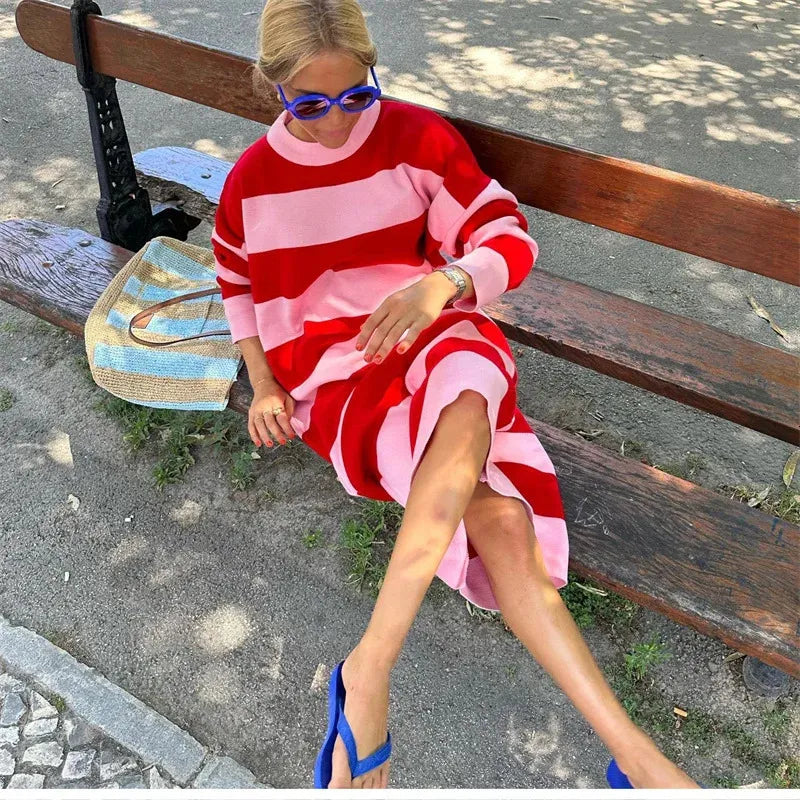 Gestreepte jurk – Casual – Losse pasvorm – Jurk met lange mouwen – Midijurk-Boutique Moda
