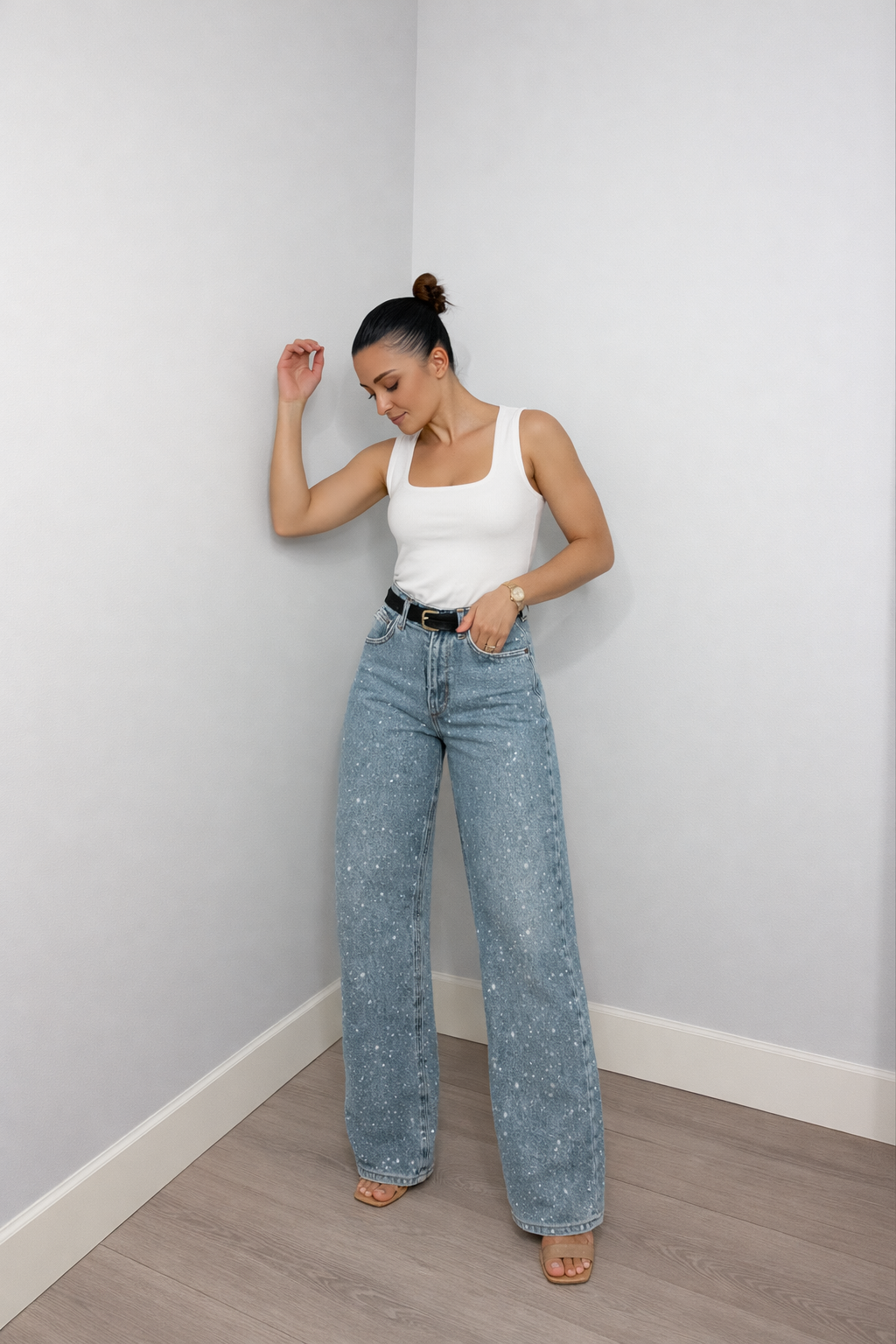 Glitter Jeans | Hoge Taille | Sprankelend | Jeans met Wijde Benen | Dames Jeans-Boutique Moda