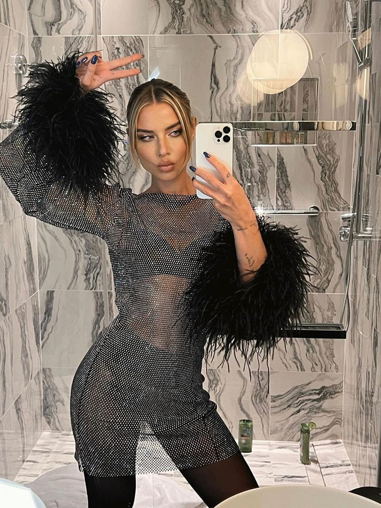 Glitterjurk - Transparante mini-feestjurk met lange mouwen voor dames-Boutique Moda