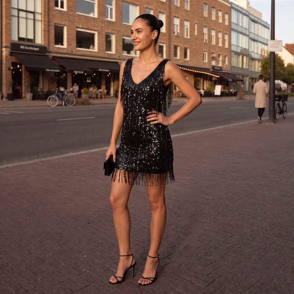 Vrouw draagt zwarte glitterjurk met franjes en pailletten, mouwloos met V-hals, op straat in Rotterdam | Boutique Moda