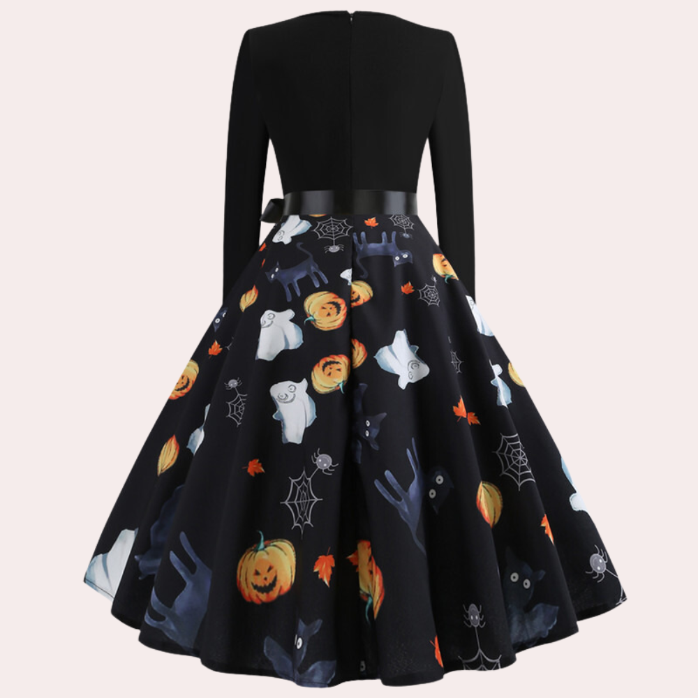 Halloween-jurk | Pompoenprint | Lange mouwen | A-lijn jurk | Damesjurk-Boutique Moda