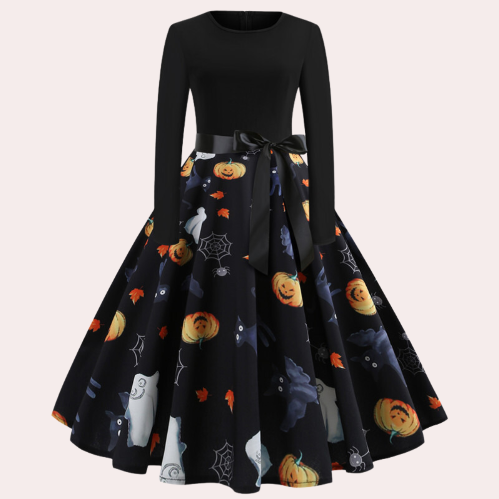 Halloween-jurk | Pompoenprint | Lange mouwen | A-lijn jurk | Damesjurk-Boutique Moda