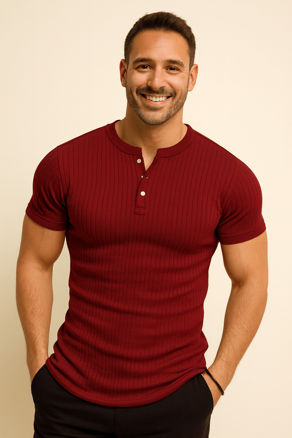 Henley-T-shirt | Geribbeld | Smal gesneden | Gebreid T-shirt | Herenhemd-Boutique Moda