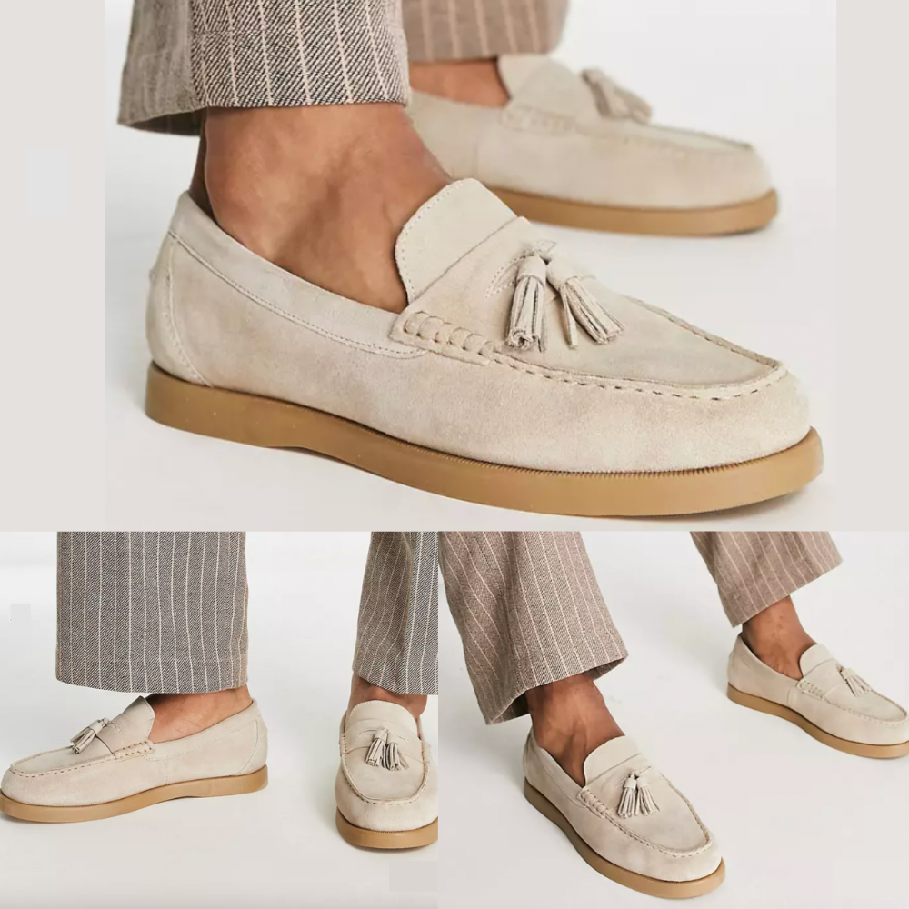 Heren loafers beige – Suèdelook instappers met kwastjes-Boutique Moda