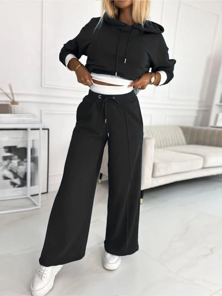 Hoodie en Jogger Set | Korte Hoodie | Wijde Pijpen | Joggingpak | Co-Ord Set Dames