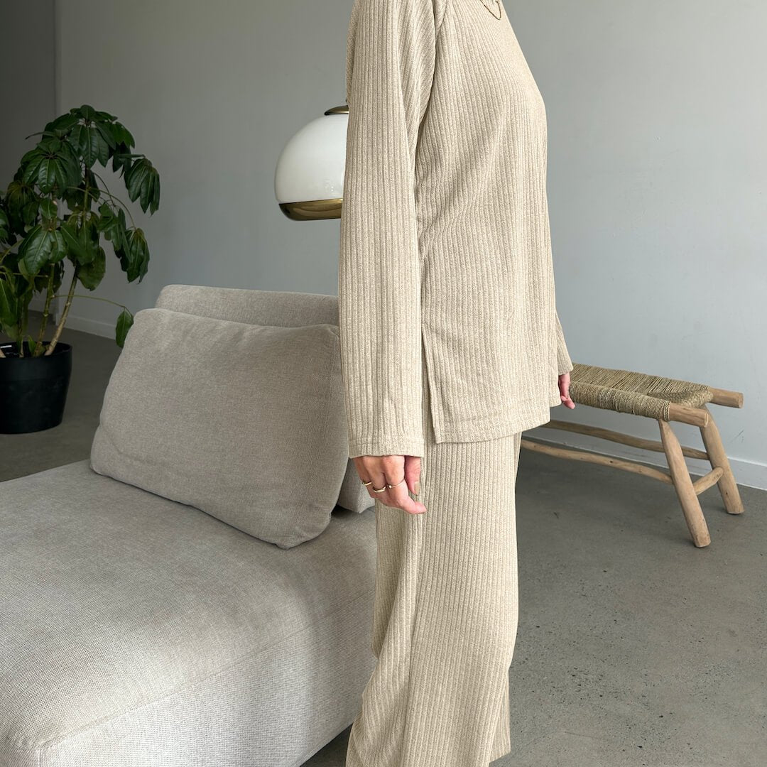 Huispak Dames | Ribgebreid Tweedelig | Camel Beige Zwart-Boutique Moda