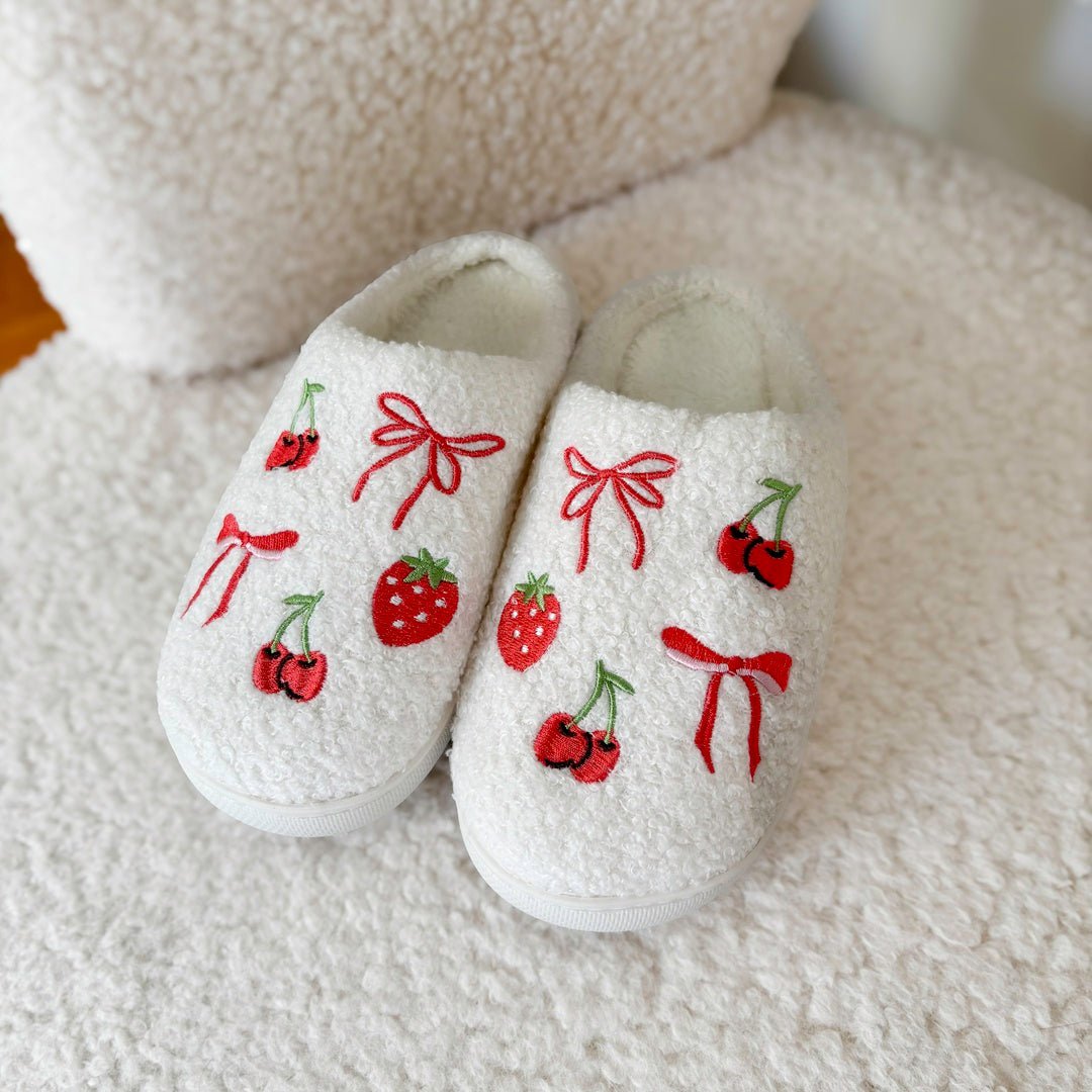 Sloffen Dames | Pluche Aardbei en Kers | Geborduurd Antislip-Boutique Moda