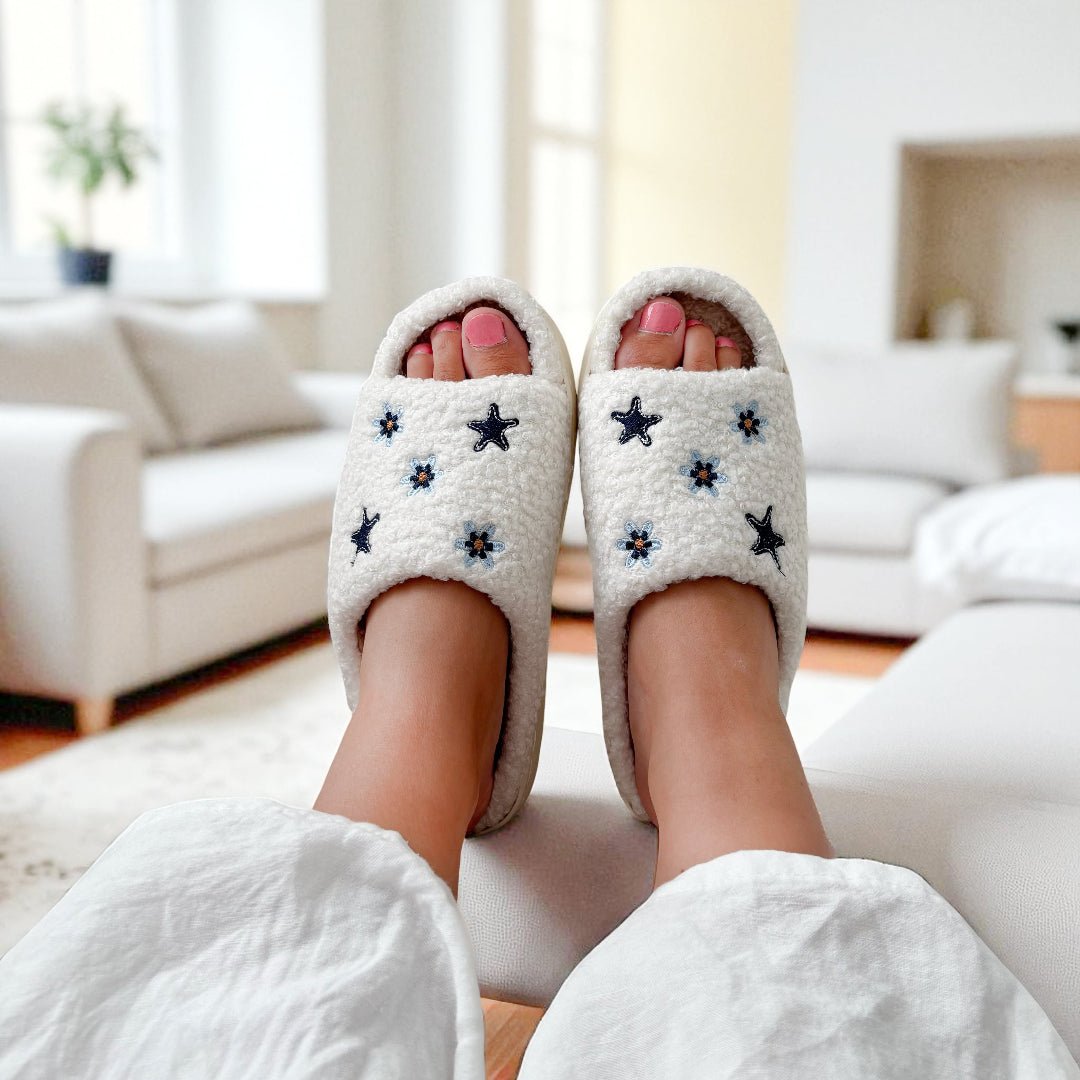 Open Teen Sloffen | Pluche Sterren en Bloemen | Antislip-Boutique Moda