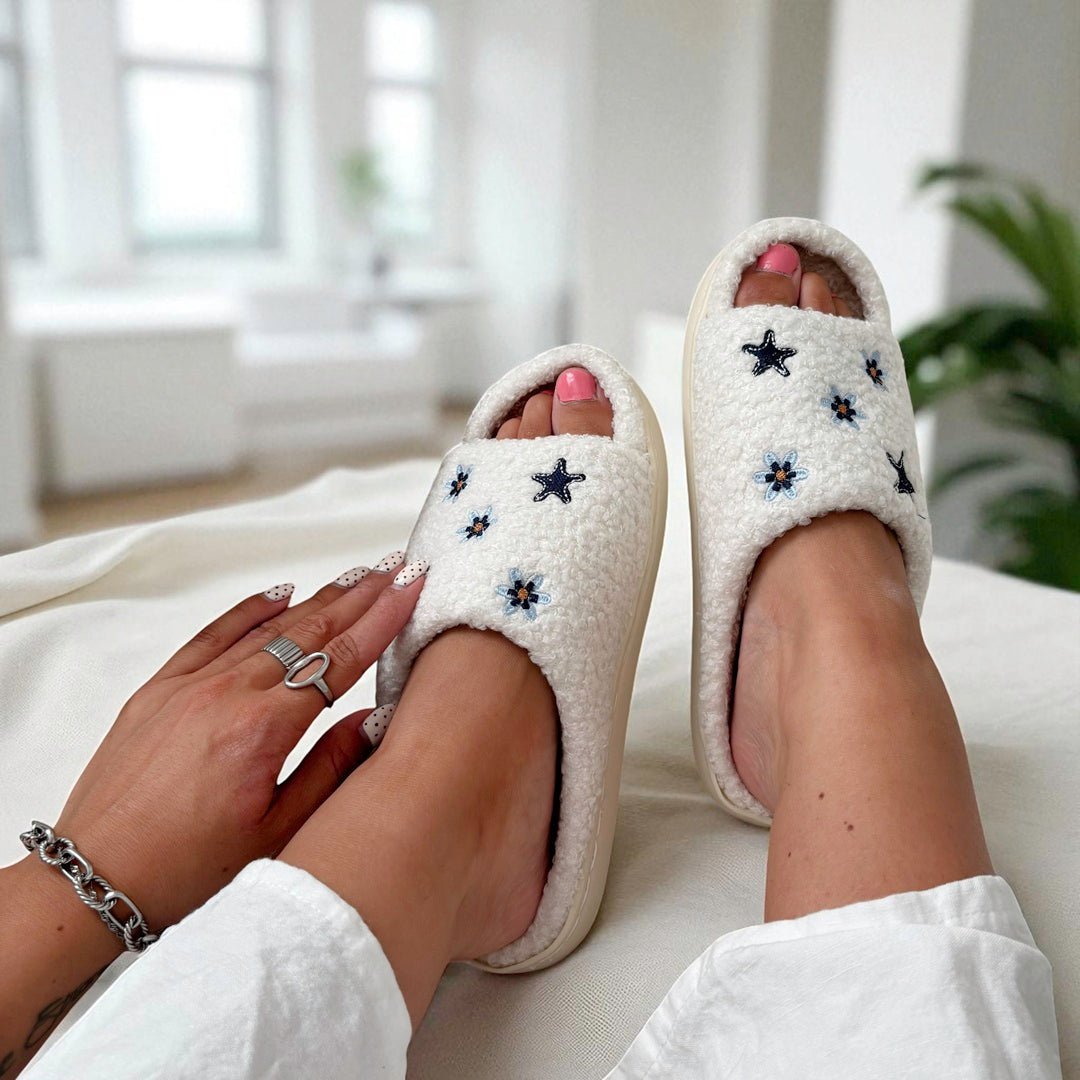 Open Teen Sloffen | Pluche Sterren en Bloemen | Antislip-Boutique Moda