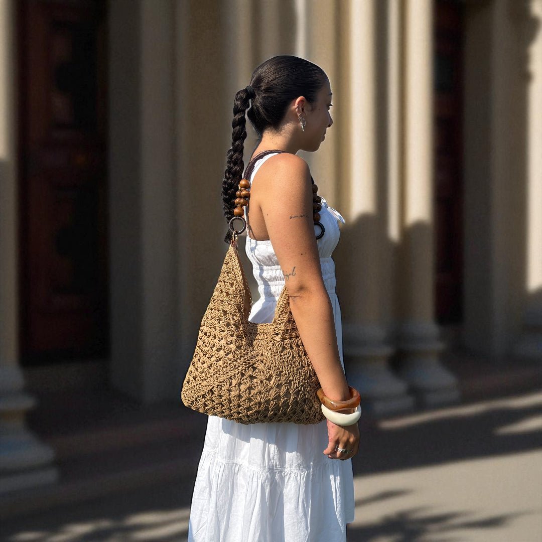 Boho Tas Dames | Gehaakt Houten Kralen | Ruim Opengewerkt-Boutique Moda