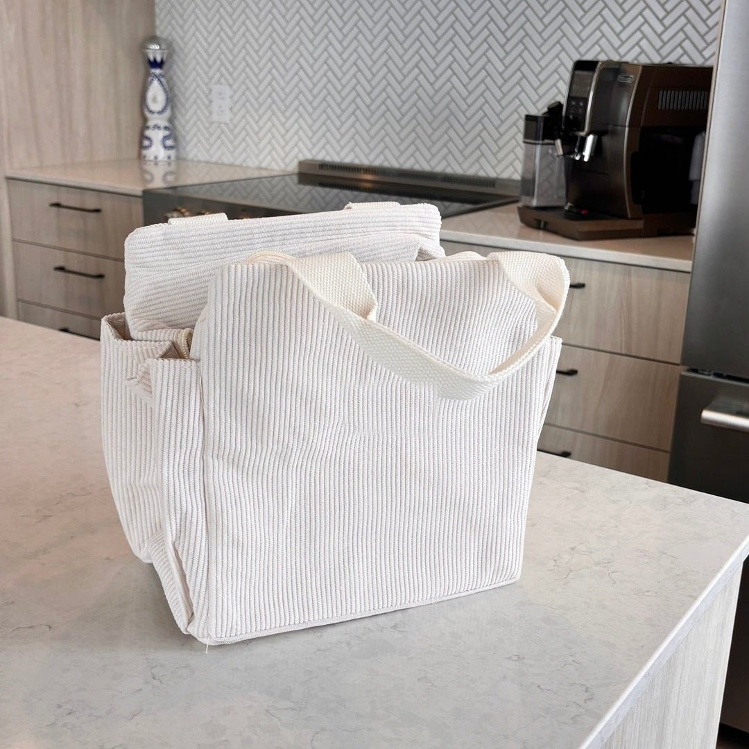 Ribfluwelen lunchtas met print 3