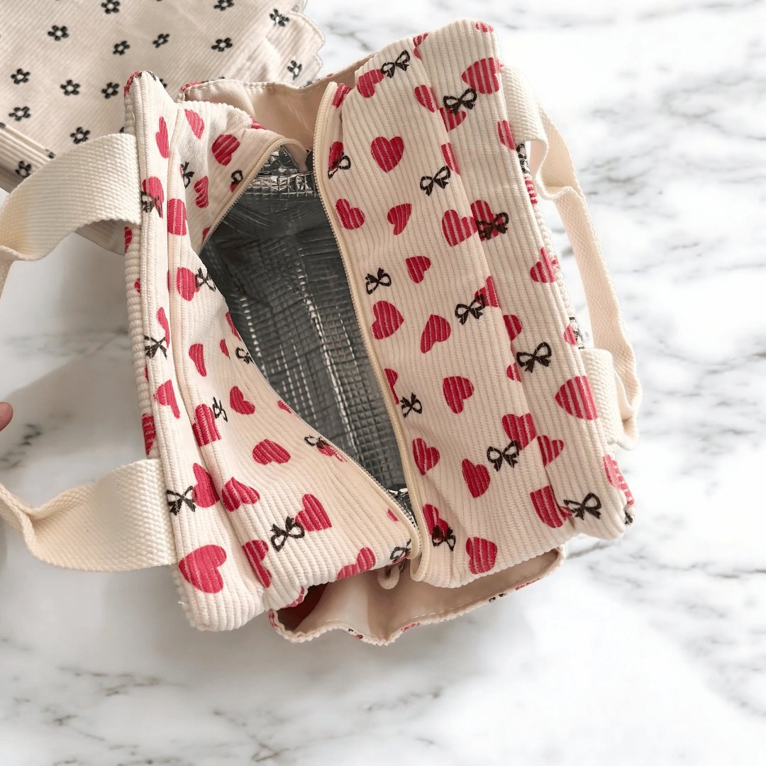 Ribfluwelen lunchtas met print 6
