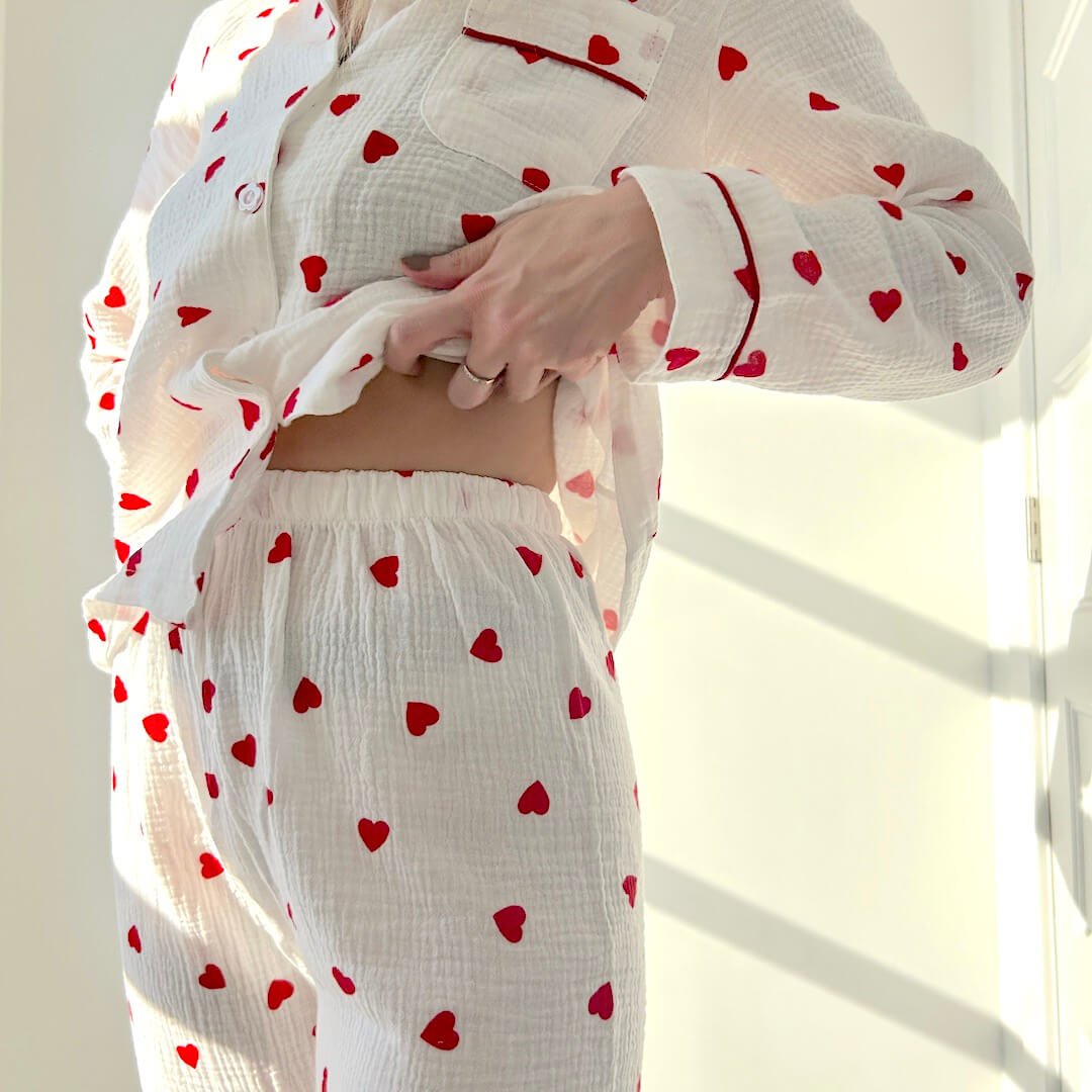 Pyjama Set Dames | Hartjes Mousseline | Lange Mouw Broek-Boutique Moda