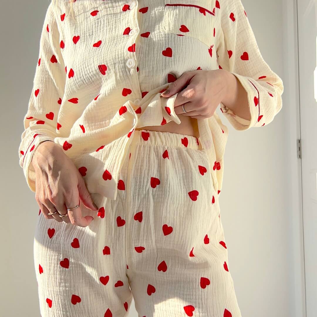 Pyjama Set Dames | Hartjes Mousseline | Lange Mouw Broek-Boutique Moda