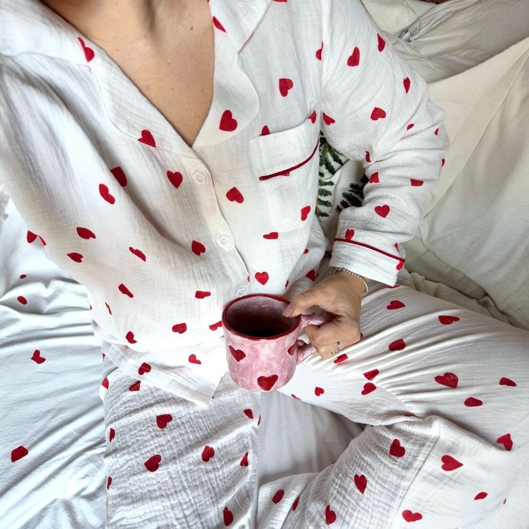 Pyjama Set Dames | Hartjes Mousseline | Lange Mouw Broek-Boutique Moda