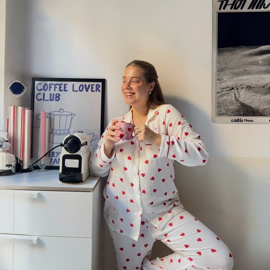 Pyjama Set Dames | Hartjes Mousseline | Lange Mouw Broek-Boutique Moda