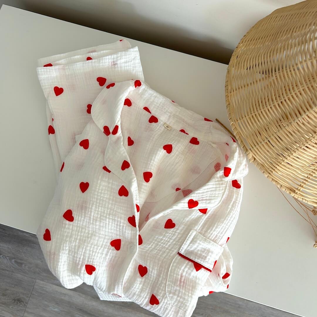 Pyjama Set Dames | Hartjes Mousseline | Lange Mouw Broek-Boutique Moda