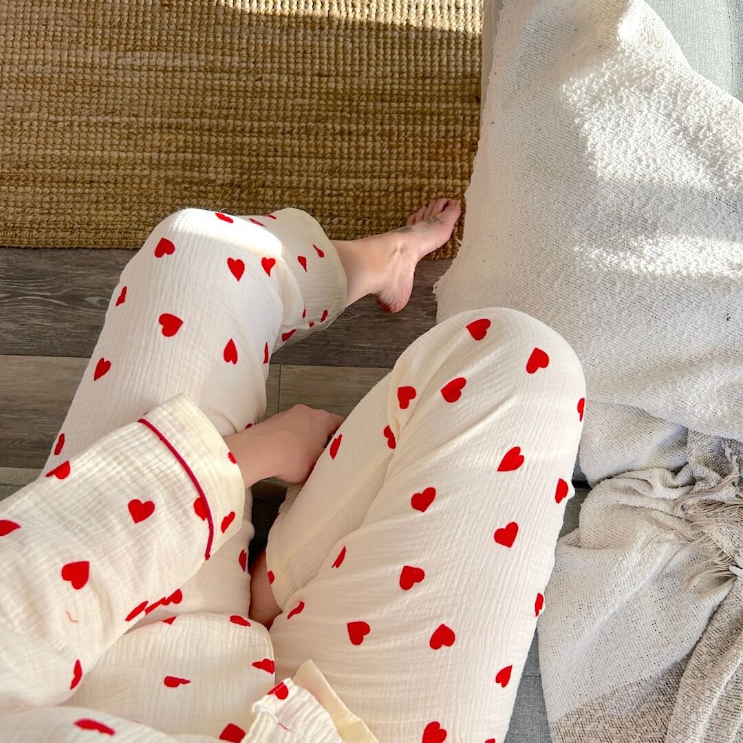 Pyjama Set Dames | Hartjes Mousseline | Lange Mouw Broek-Boutique Moda
