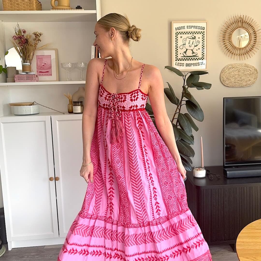 Lange Jurk Dames | Spaghettibandjes | Ingeweven Motief Roze-Boutique Moda