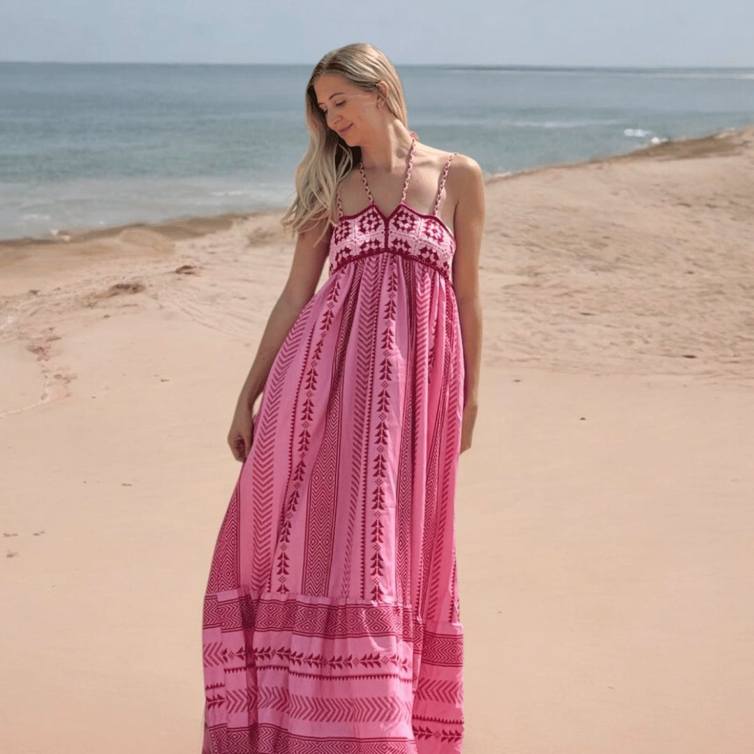 Lange Jurk Dames | Spaghettibandjes | Ingeweven Motief Roze-Boutique Moda