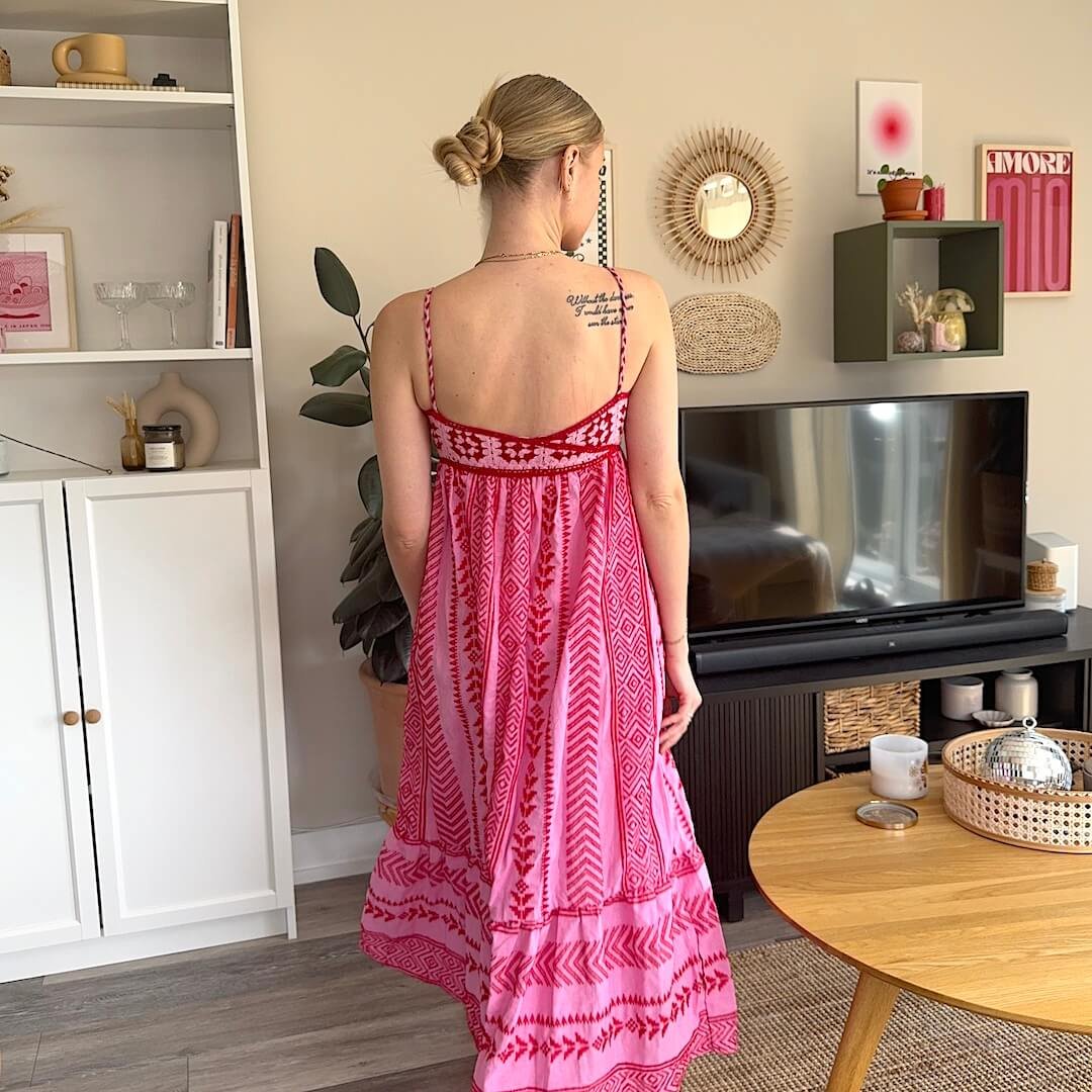 Lange Jurk Dames | Spaghettibandjes | Ingeweven Motief Roze-Boutique Moda