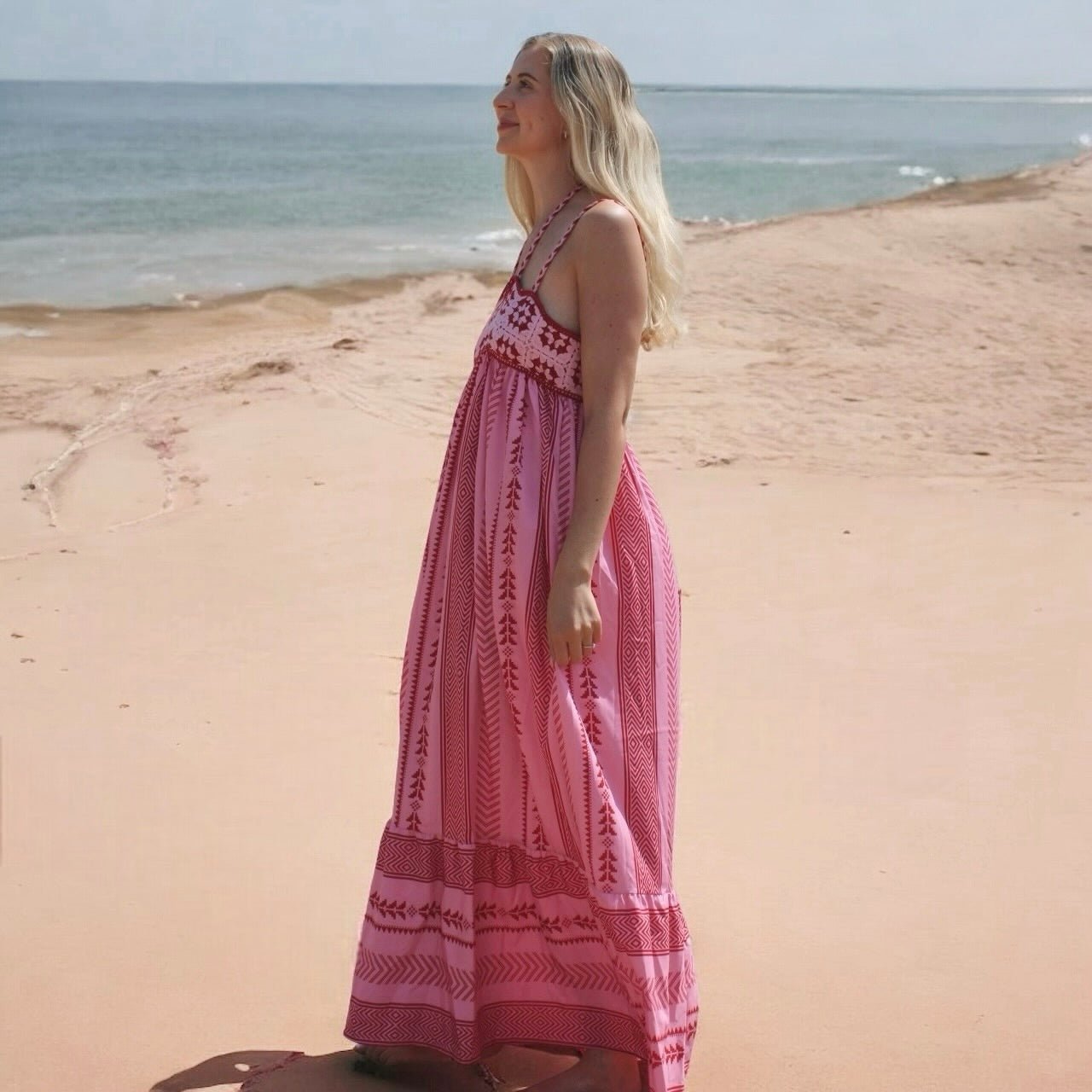 Lange Jurk Dames | Spaghettibandjes | Ingeweven Motief Roze-Boutique Moda