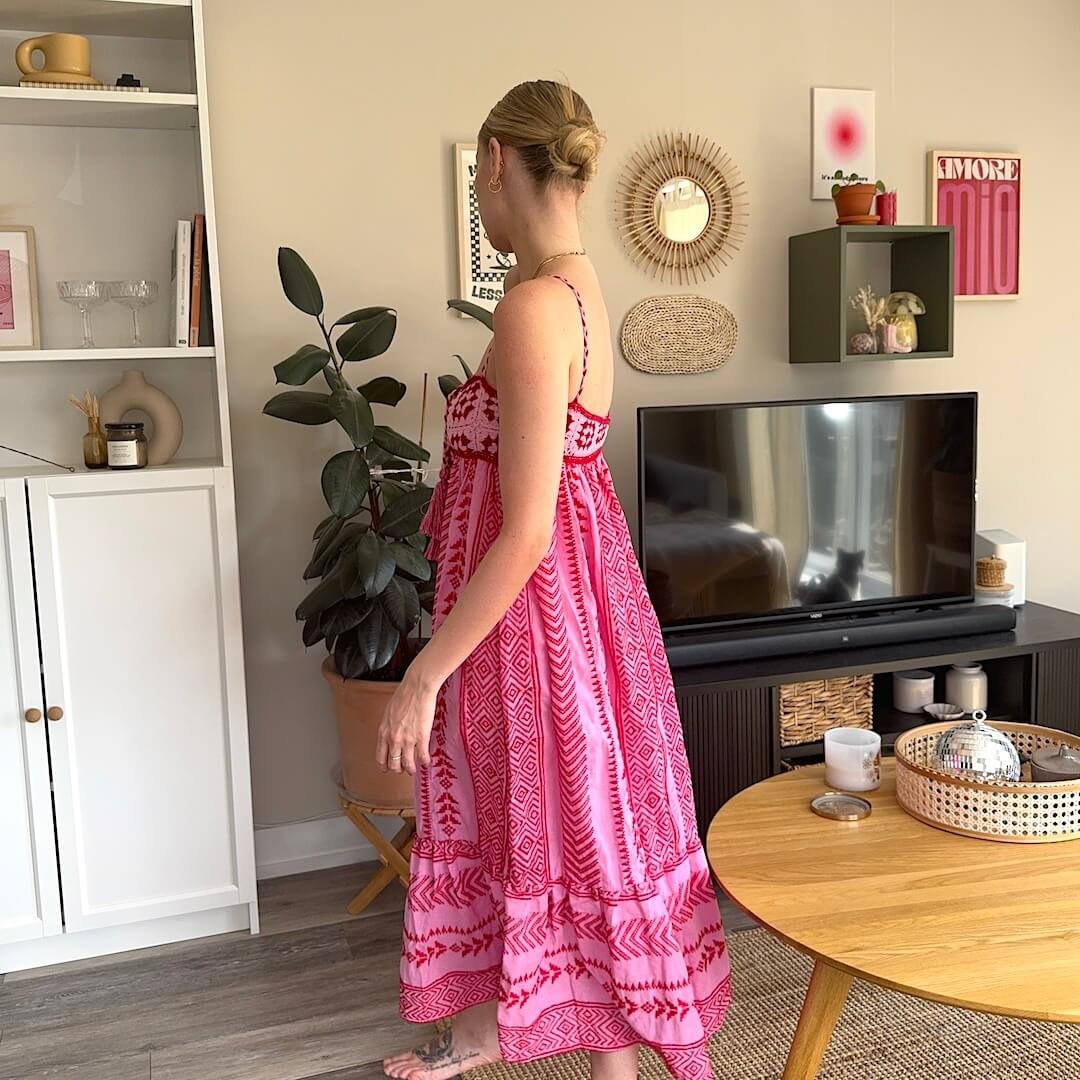 Lange Jurk Dames | Spaghettibandjes | Ingeweven Motief Roze-Boutique Moda