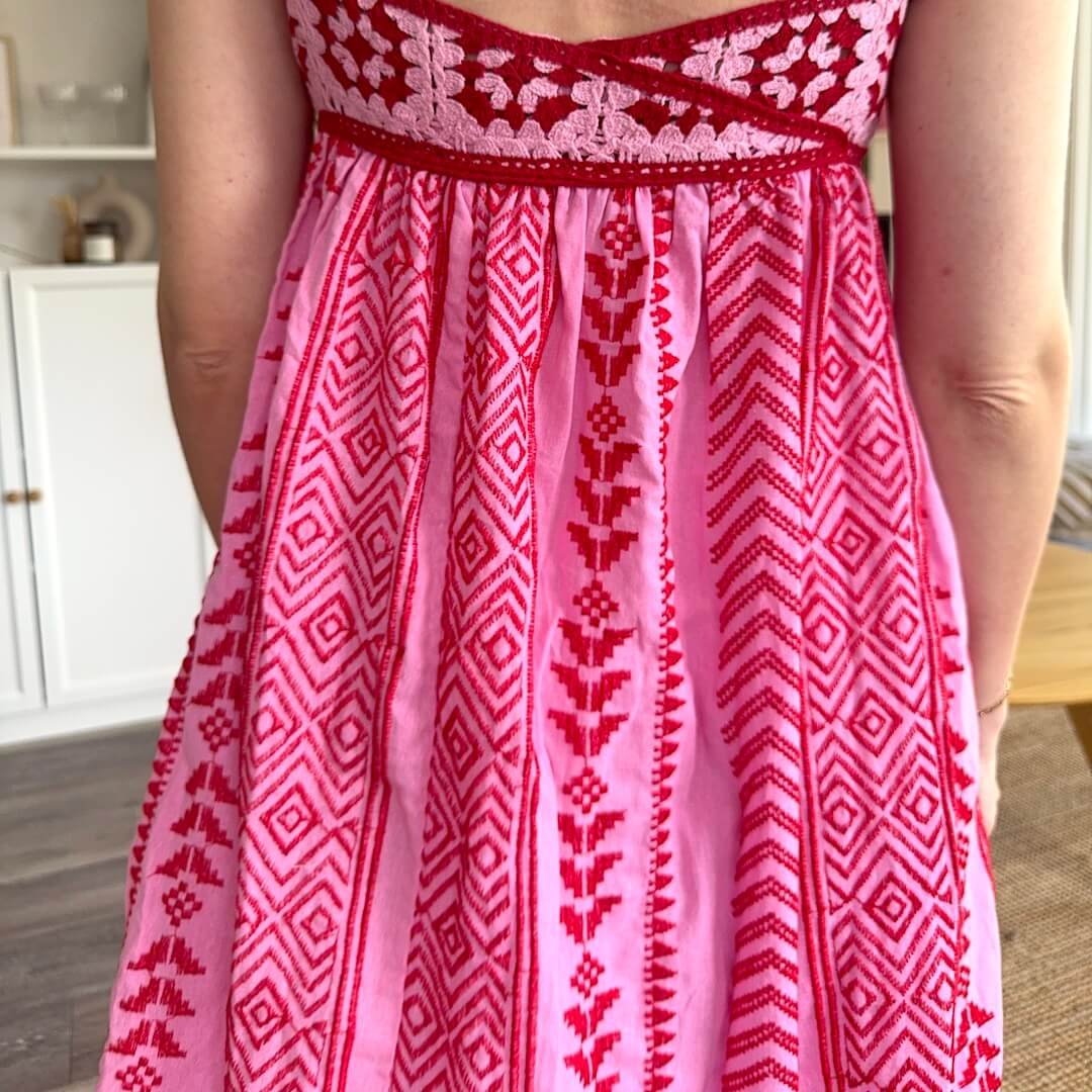 Lange Jurk Dames | Spaghettibandjes | Ingeweven Motief Roze-Boutique Moda