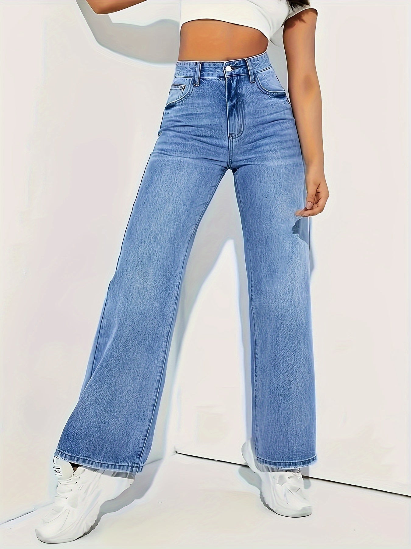 Jeans met wijde pijpen - Blauwe damesjeans met hoge taille-Boutique Moda
