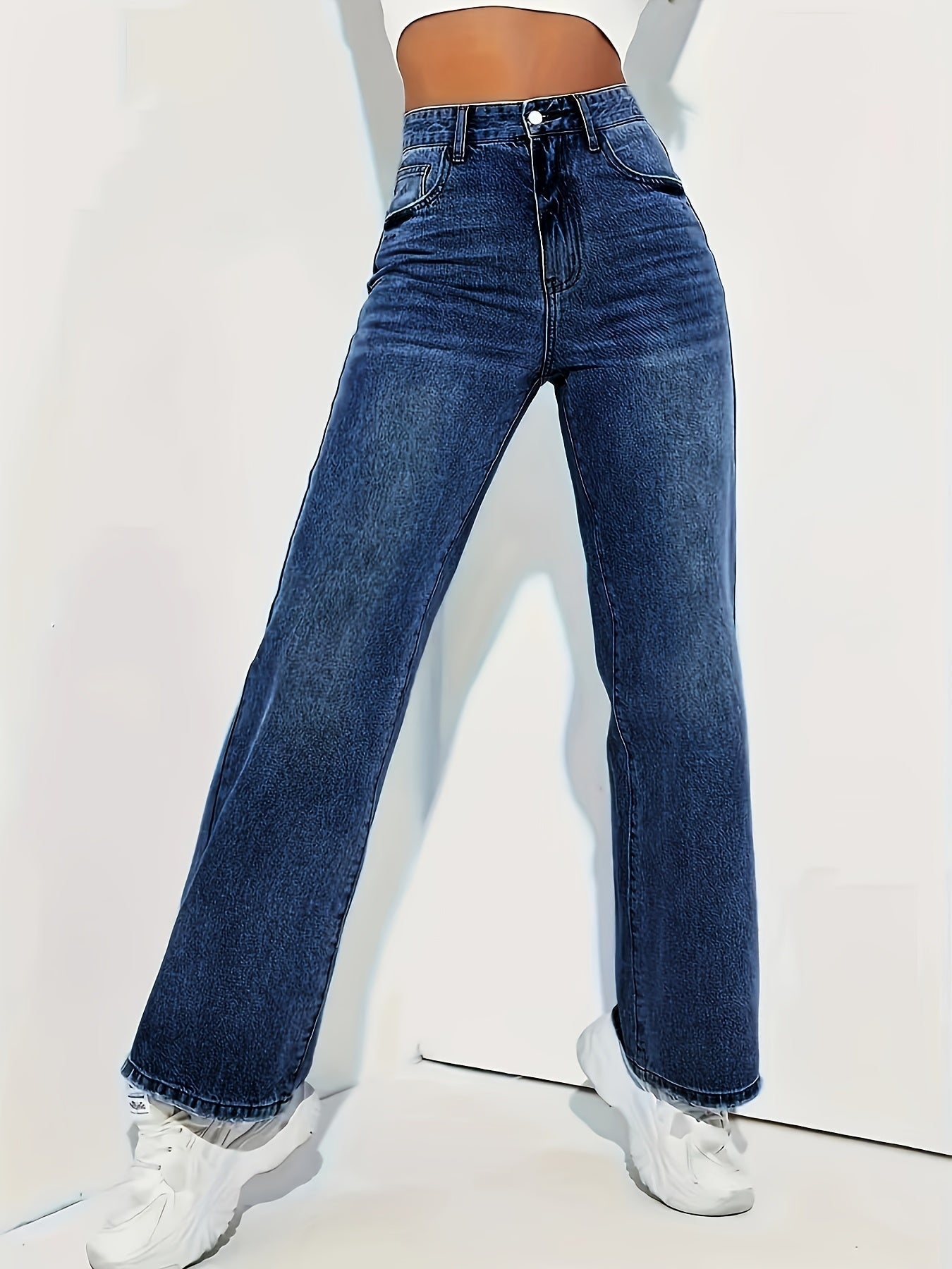 Jeans met wijde pijpen - Blauwe damesjeans met hoge taille-Boutique Moda