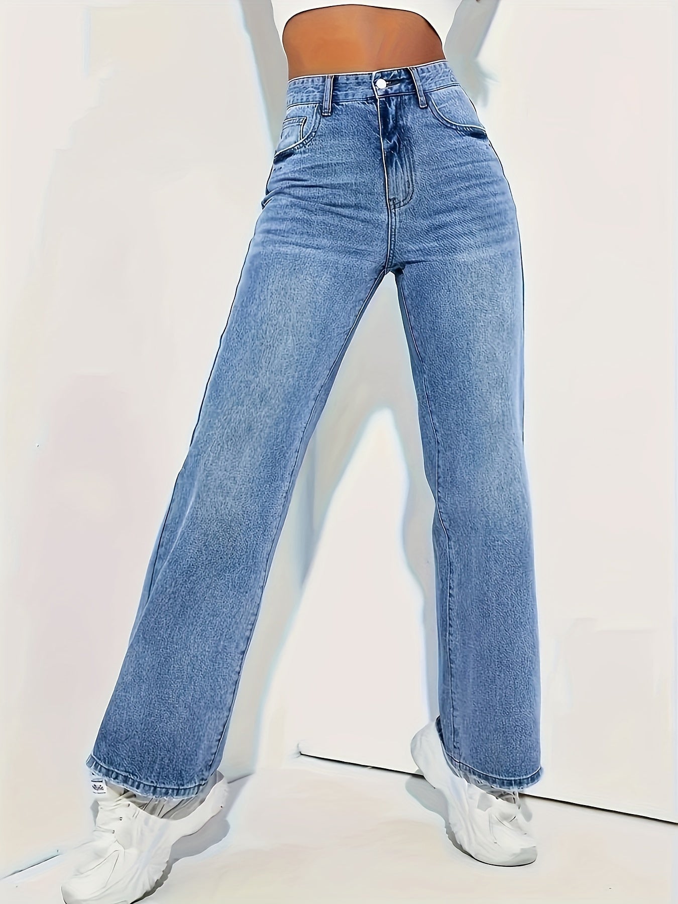Jeans met wijde pijpen - Blauwe damesjeans met hoge taille-Boutique Moda