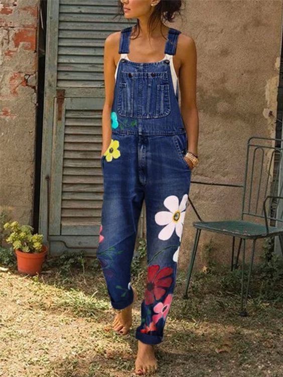 Jeans-tuinbroeken – Casual tuinbroeken voor dames met bloemenprint-Boutique Moda