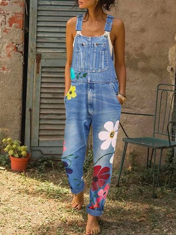 Jeans-tuinbroeken – Casual tuinbroeken voor dames met bloemenprint-Boutique Moda