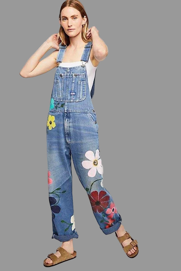 Jeans-tuinbroeken – Casual tuinbroeken voor dames met bloemenprint-Boutique Moda