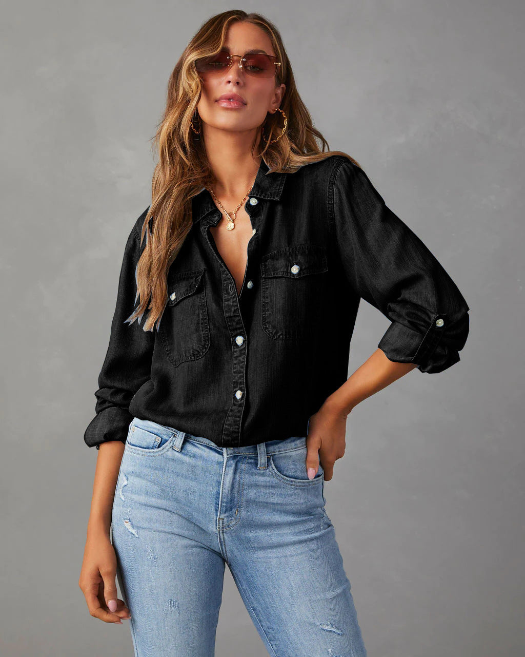 Jeanshemd – Casual shirt met lange mouwen en knopen voor dames-Boutique Moda