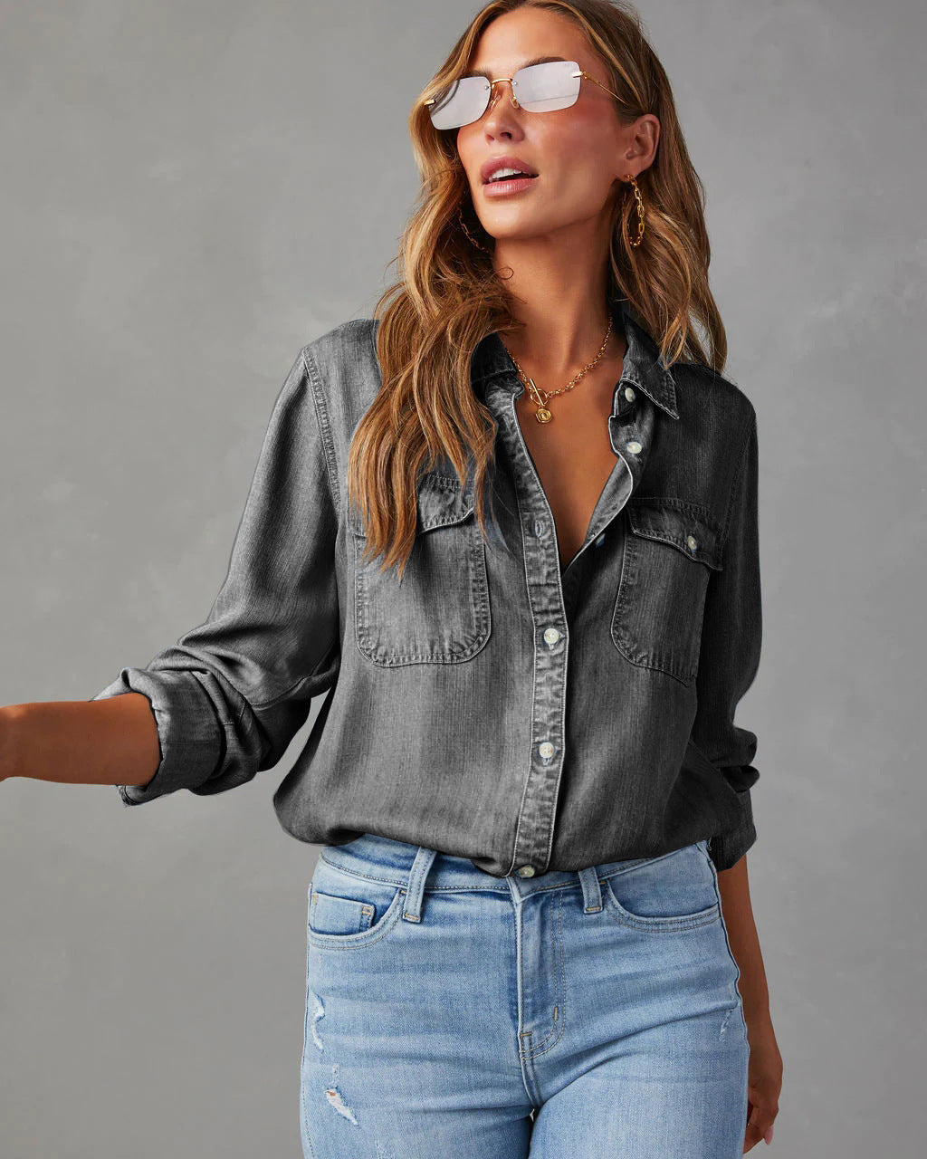 Jeanshemd – Casual shirt met lange mouwen en knopen voor dames-Boutique Moda