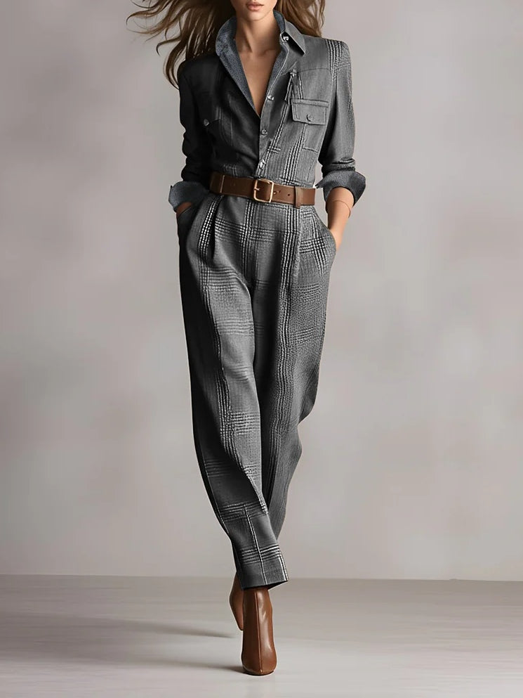 Jumpsuit - Jumpsuit met lange mouwen en ruitjesmotief voor dames, met knopen-Boutique Moda