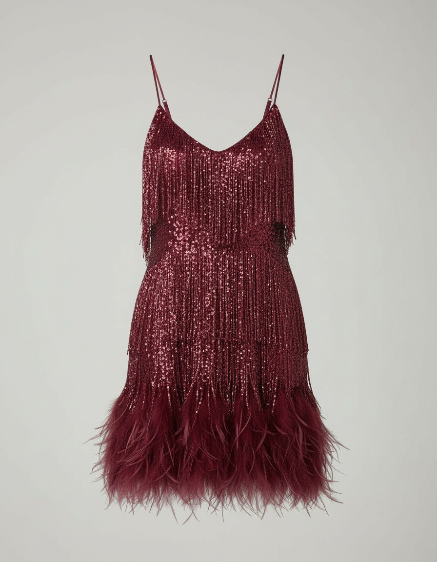 Jurk met kwastjes - Mini - Spaghettibandjes - Jurk met pailletten - Feestjurk-Boutique Moda