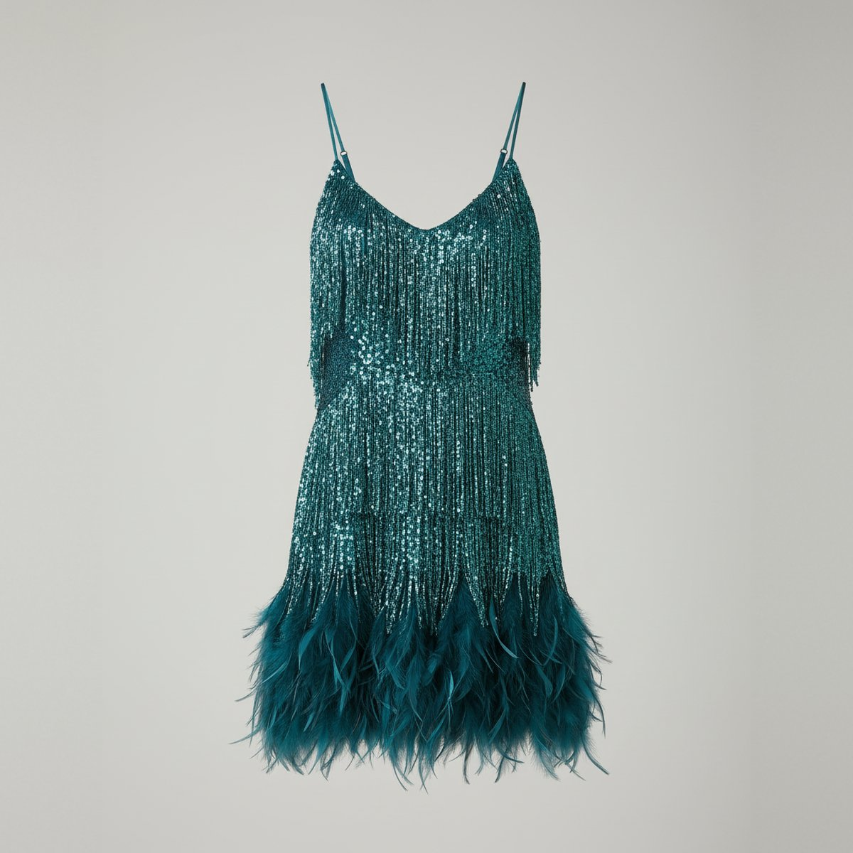Turquoise pailletten mini-jurk met franjes en verendetail, plat gefotografeerd | Boutique Moda