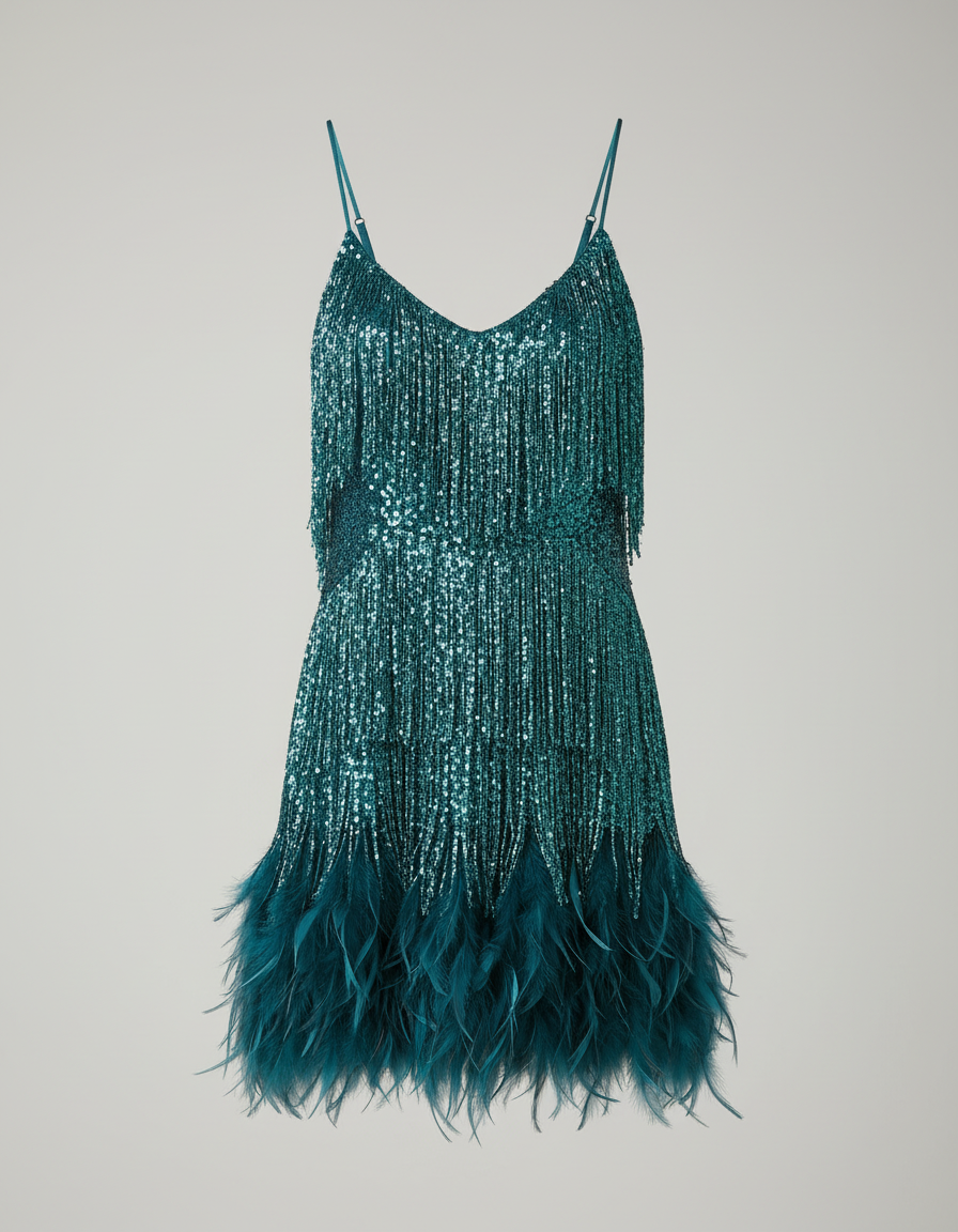 Jurk met kwastjes - Mini - Spaghettibandjes - Jurk met pailletten - Feestjurk-Boutique Moda