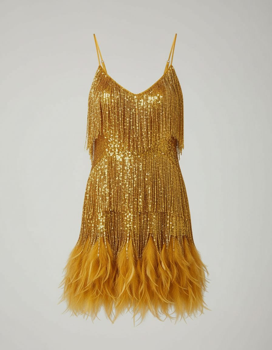 Jurk met kwastjes - Mini - Spaghettibandjes - Jurk met pailletten - Feestjurk-Boutique Moda