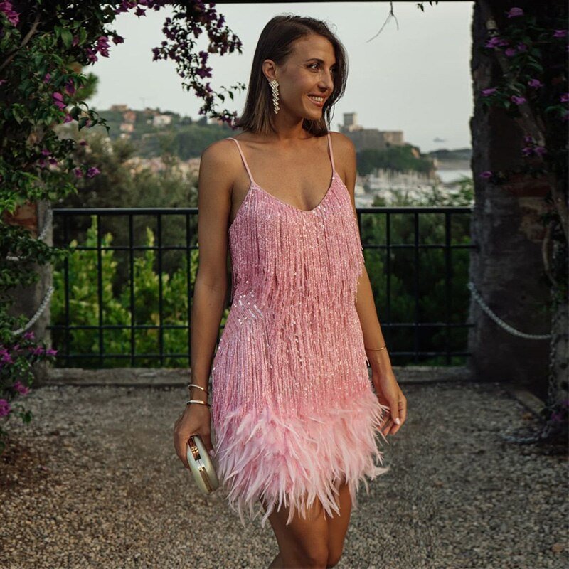 Jurk met kwastjes - Mini - Spaghettibandjes - Jurk met pailletten - Feestjurk-Boutique Moda