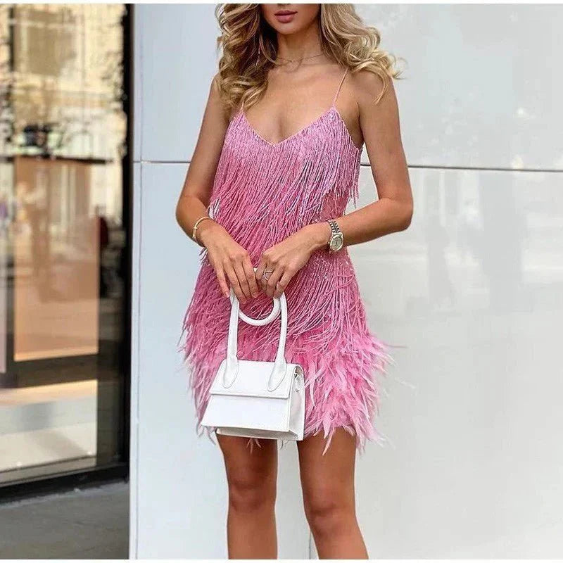 Jurk met kwastjes - Mini - Spaghettibandjes - Jurk met pailletten - Feestjurk-Boutique Moda