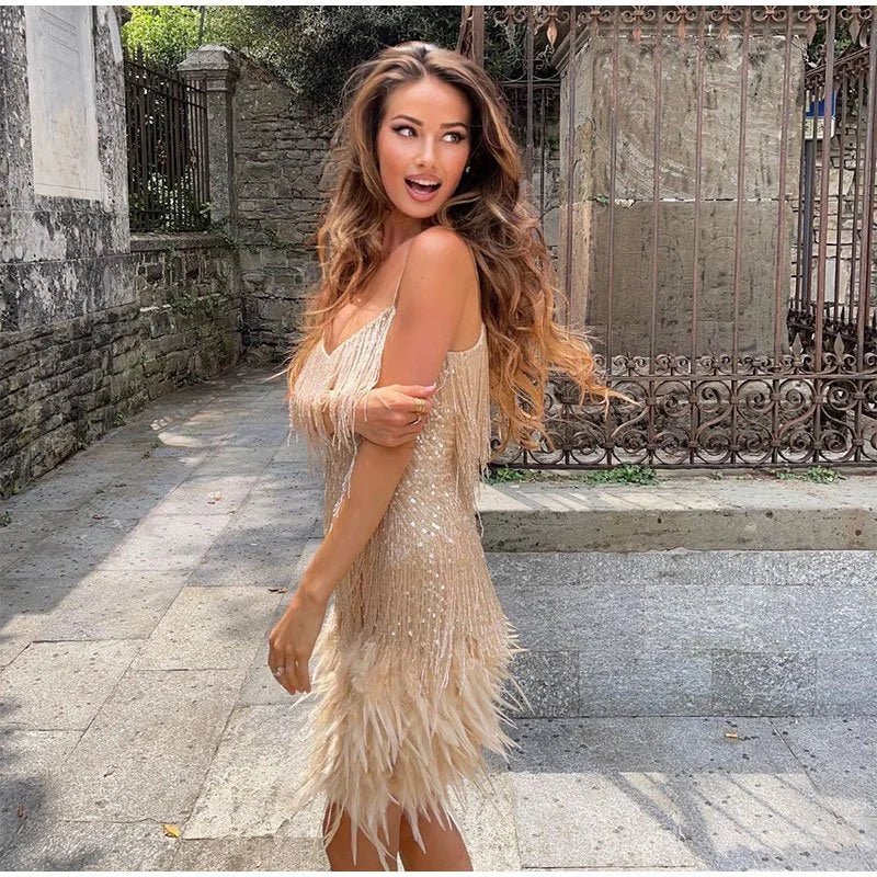 Jurk met kwastjes - Mini - Spaghettibandjes - Jurk met pailletten - Feestjurk-Boutique Moda