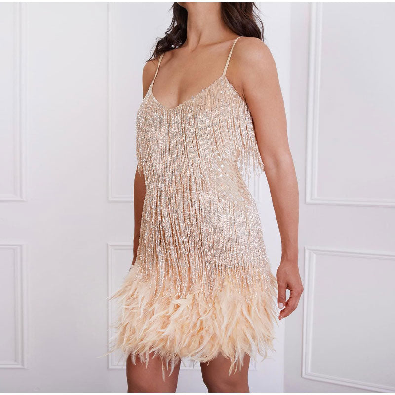 Jurk met kwastjes - Mini - Spaghettibandjes - Jurk met pailletten - Feestjurk-Boutique Moda