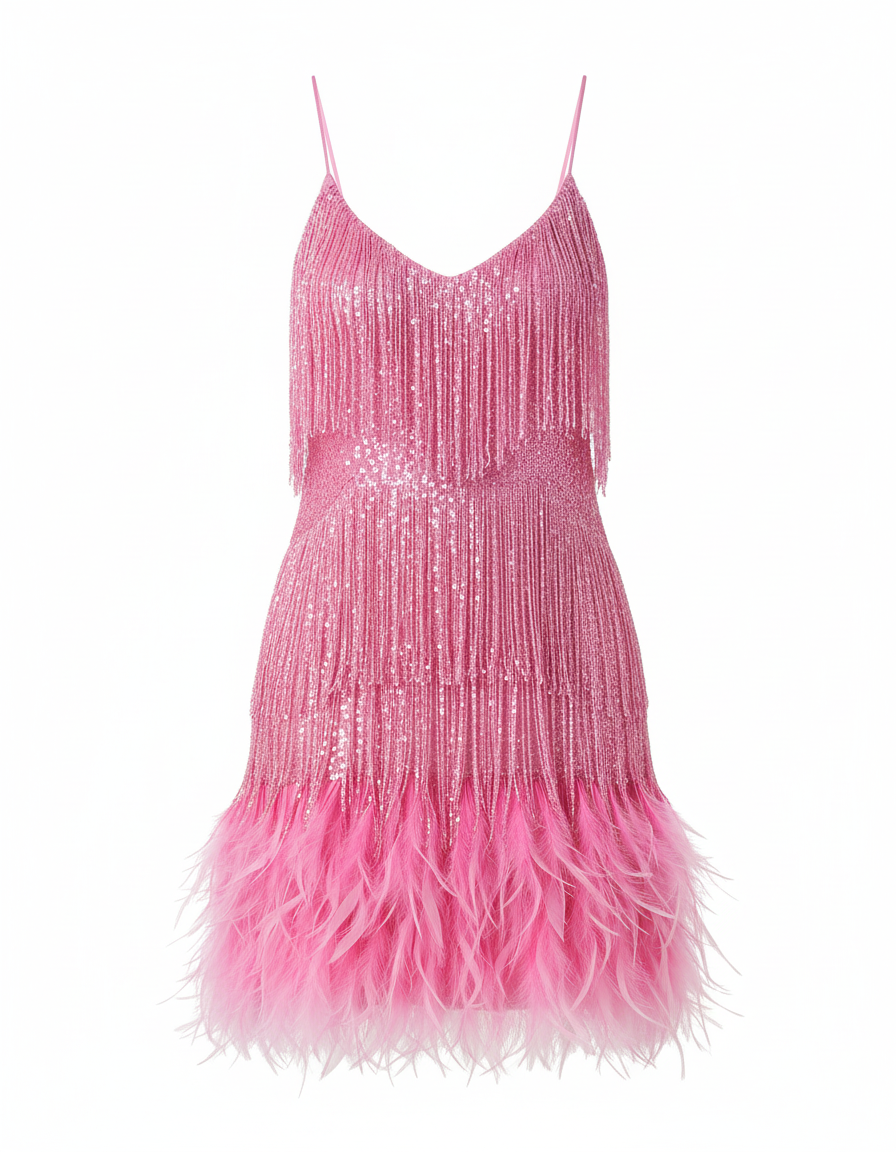 Jurk met kwastjes - Mini - Spaghettibandjes - Jurk met pailletten - Feestjurk-Boutique Moda